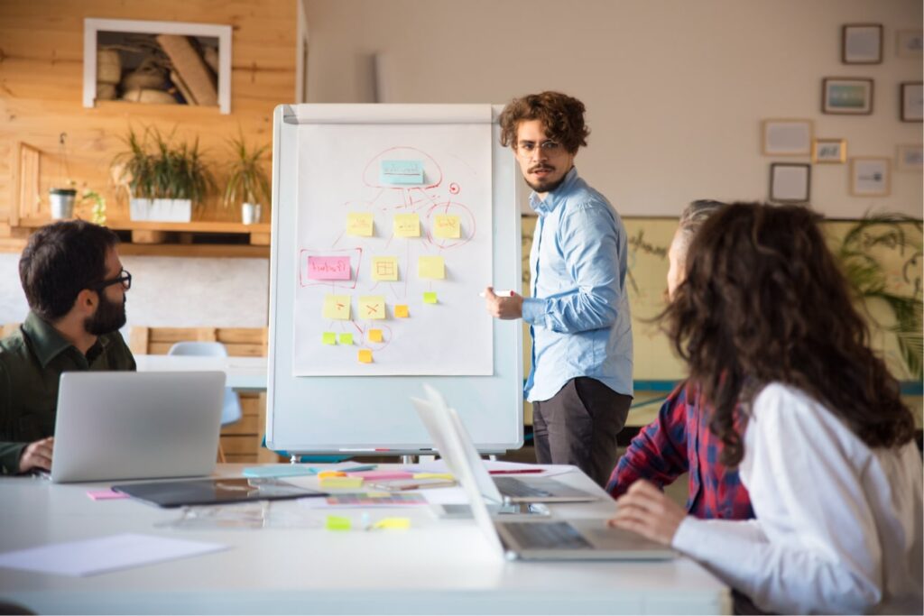 Tech team brainstorming: Three seated employees focus on a colleague standing at a flipchart adorned with colored post-it notes.