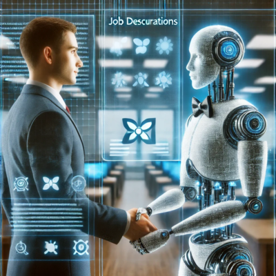 A recruiter shaking hands with an AI robot in a modern office, symbolizing collaboration between AI and human recruiters. The background is a sleek office space, representing the partnership between human recruiters and an AI Job Description Creator.