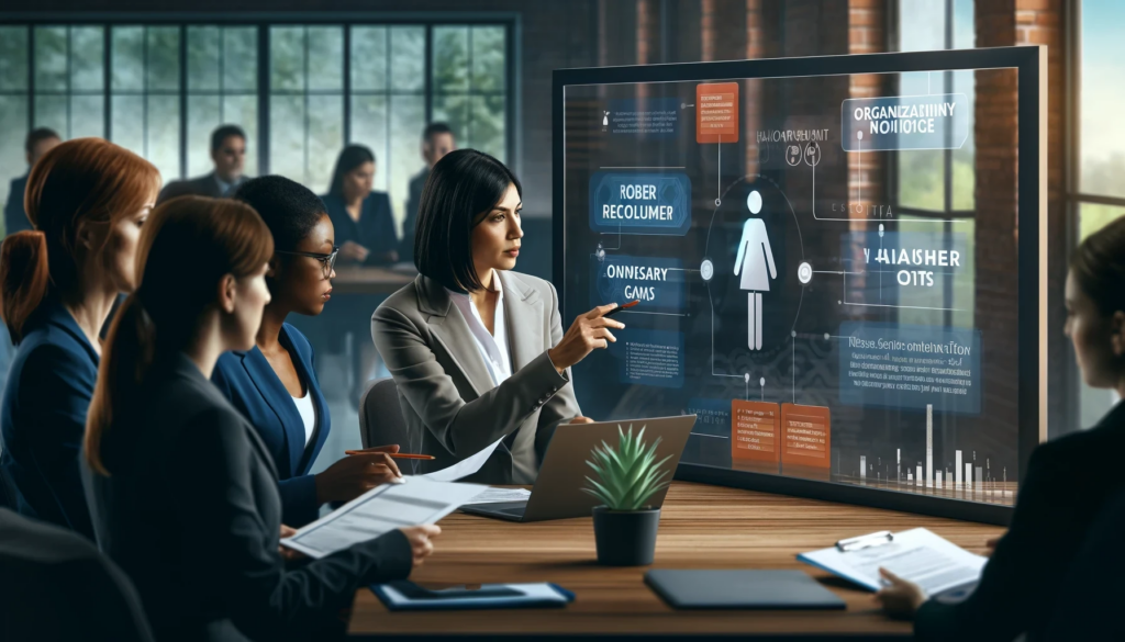 Diverse female managers collaborating on an AI-driven job description. One manager points to a digital screen showing key areas like organizational goals, necessary outcomes, and success metrics. Better & more collaborative than job description templates.