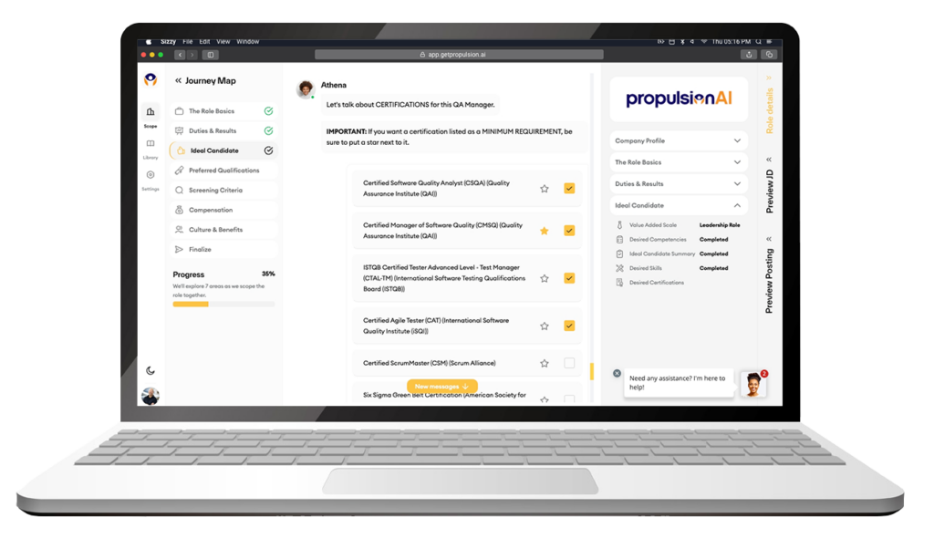 A laptop displaying the Propulsion AI platform interface, focusing on selecting certifications for a QA Manager role. The journey map on the left shows 35% progress, and a chatbot is visible in the bottom right corner offering assistance.