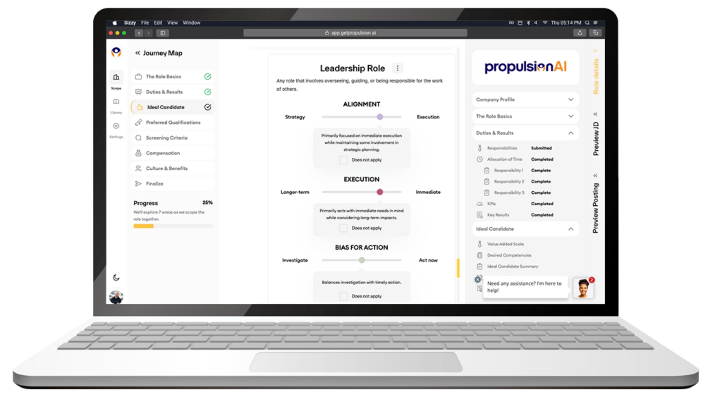 A laptop displaying the Propulsion AI platform's AI Job Description Creator interface. The screen shows a leadership role definition, with sliders for alignment, execution, and bias for action. The journey map on the left indicates 25% progress, and a chatbot is offering assistance.