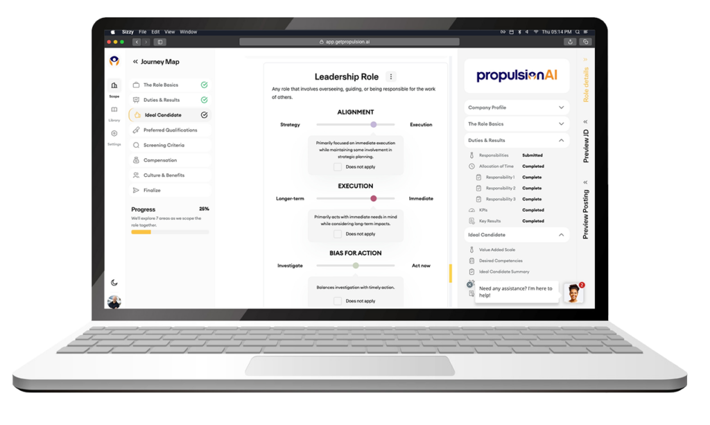 A laptop displaying the Propulsion AI platform interface, featuring an AI Job Description Generator focused on defining alignment, execution, and bias for action for a leadership role. The journey map on the left shows 25% progress, and a chatbot is visible in the lower right corner offering assistance.